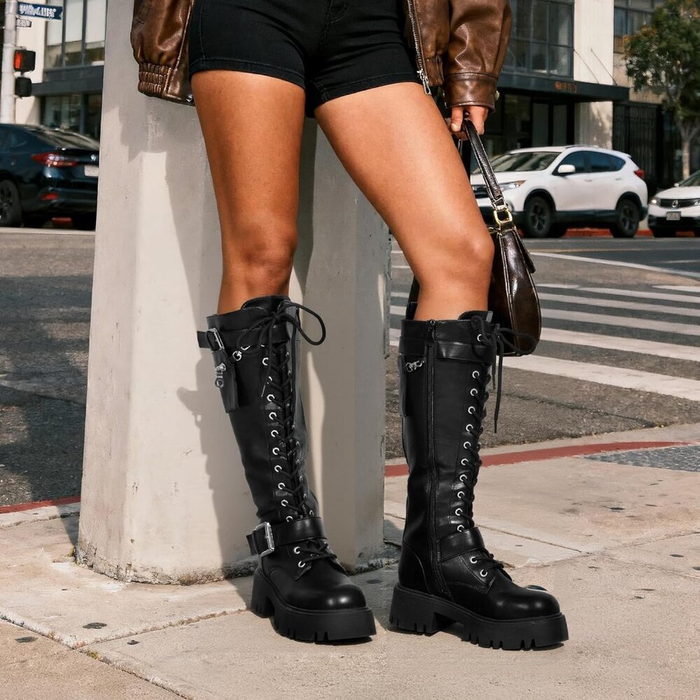Women's Black DREAM PAIRS Combat Riding Platform Knee-High Boots Lace Up Gothic - Picture 3 of 9